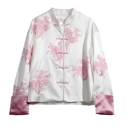 Vintage Floral Embroidery Buckle Long Sleeve Satin Shirt