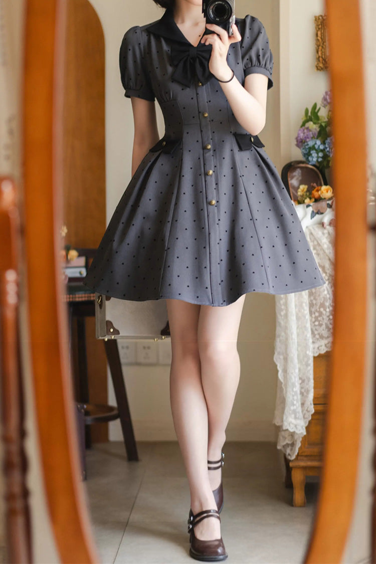 Ash Heart-Print Polka Dot Bow Sweet Lolita Gown