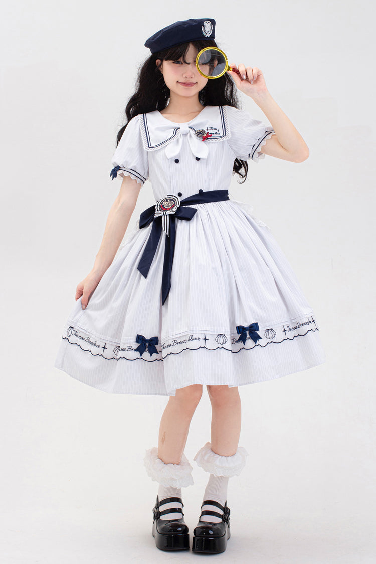 Navy Stripe Short Sleeve Ruffled Embroidery Sweet Lolita Dress