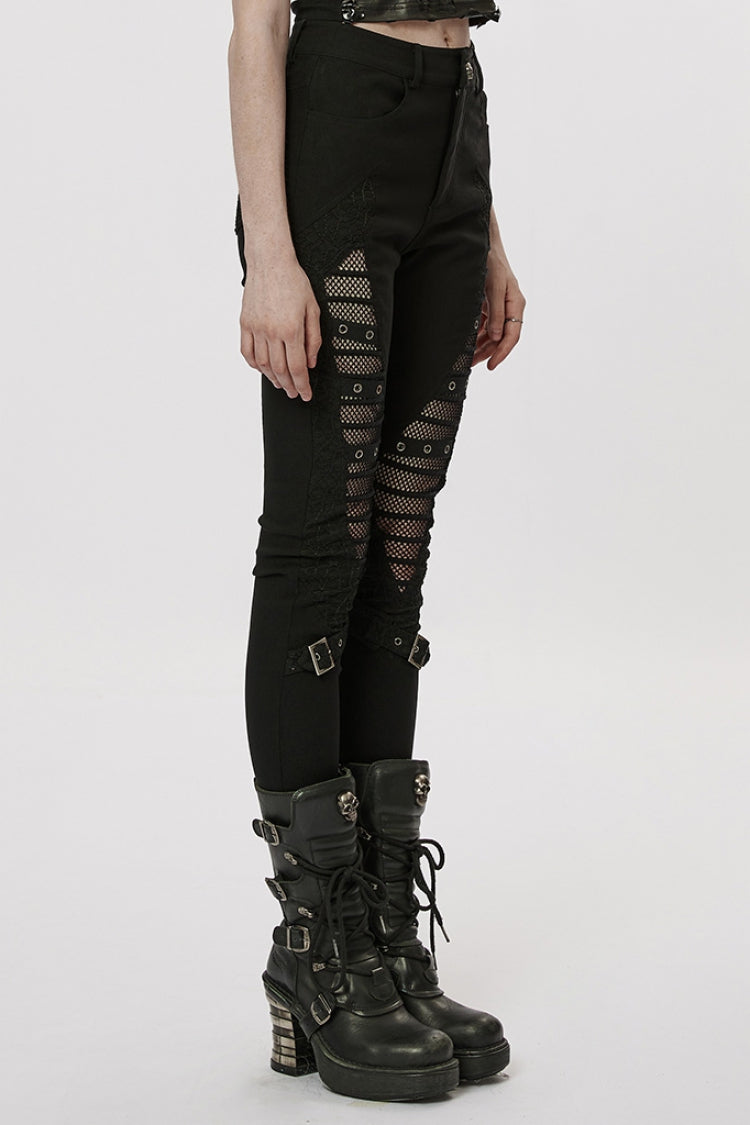 Gothic Leggings with Mesh Panels, Buckle Straps & Stitched Cutout Design