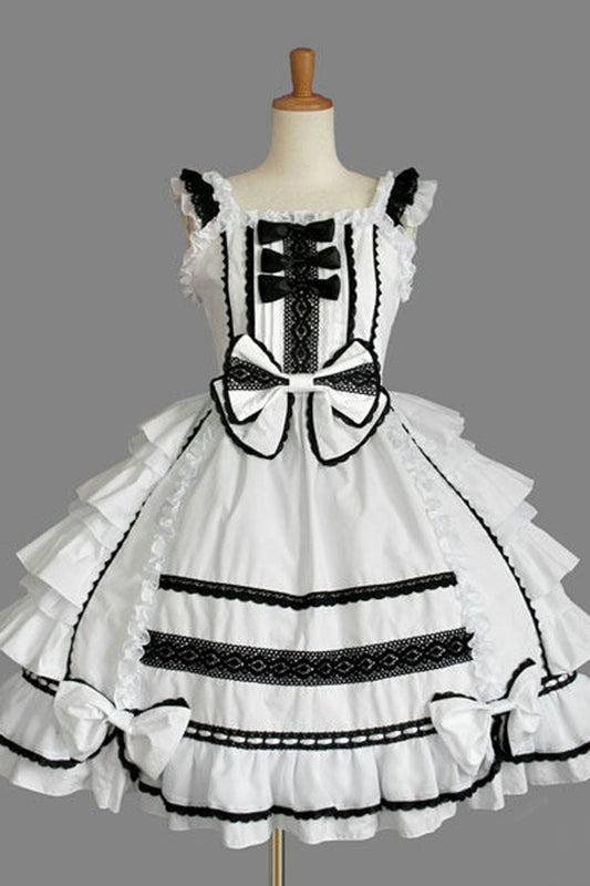 Square Neck Lace Trimmed Cap Sleeve Ruffled Lolita Dress