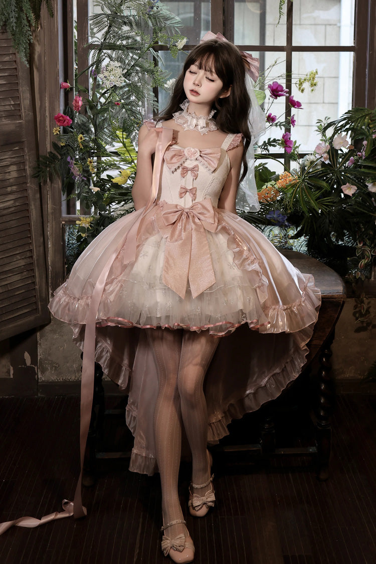 Sleeveless Ruffled Open-Front Bow Lace Sweet Lolita Jsk Dress Set - Star Weaving Dream Language