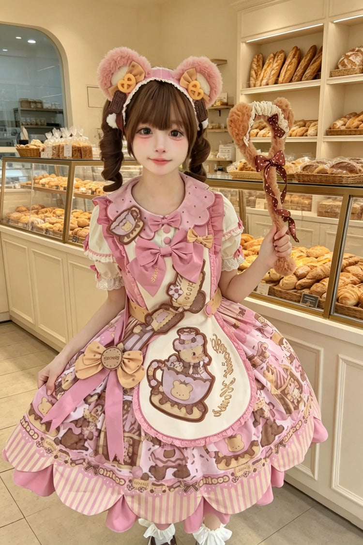 Teddy Bear Cookie Dessert Print Dress with Bow & Ruffles