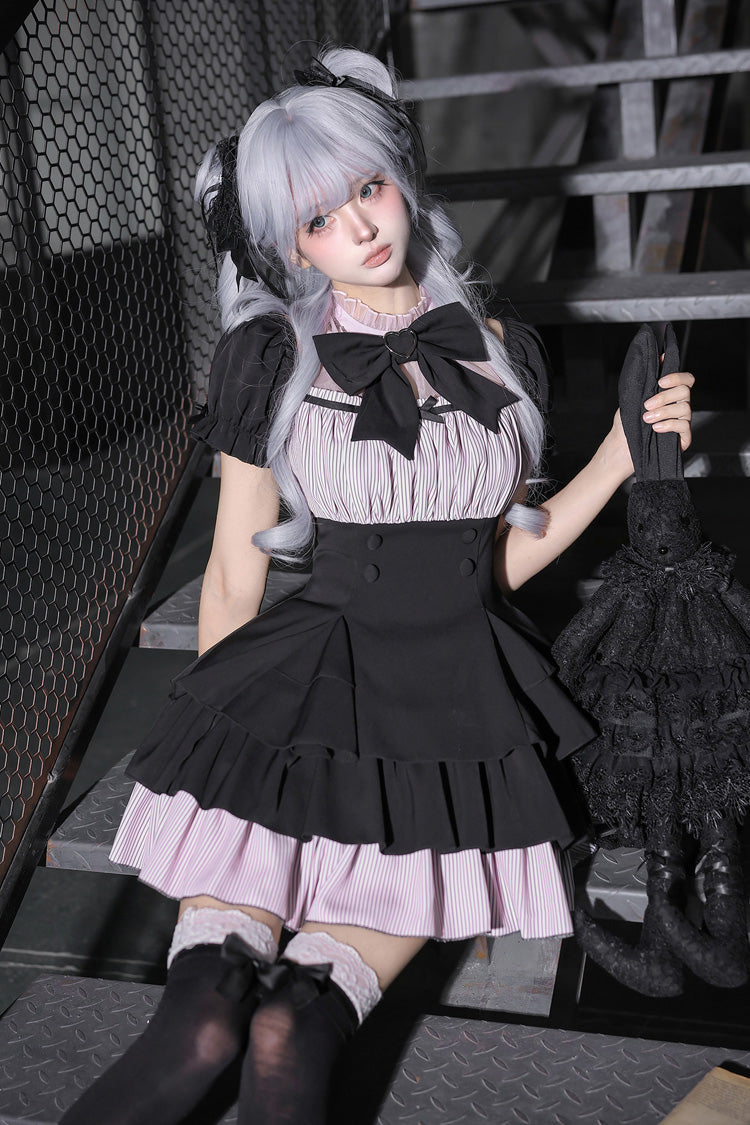 Halterneck Square Collar Ruffled Lolita Dress Set - Black/Grey