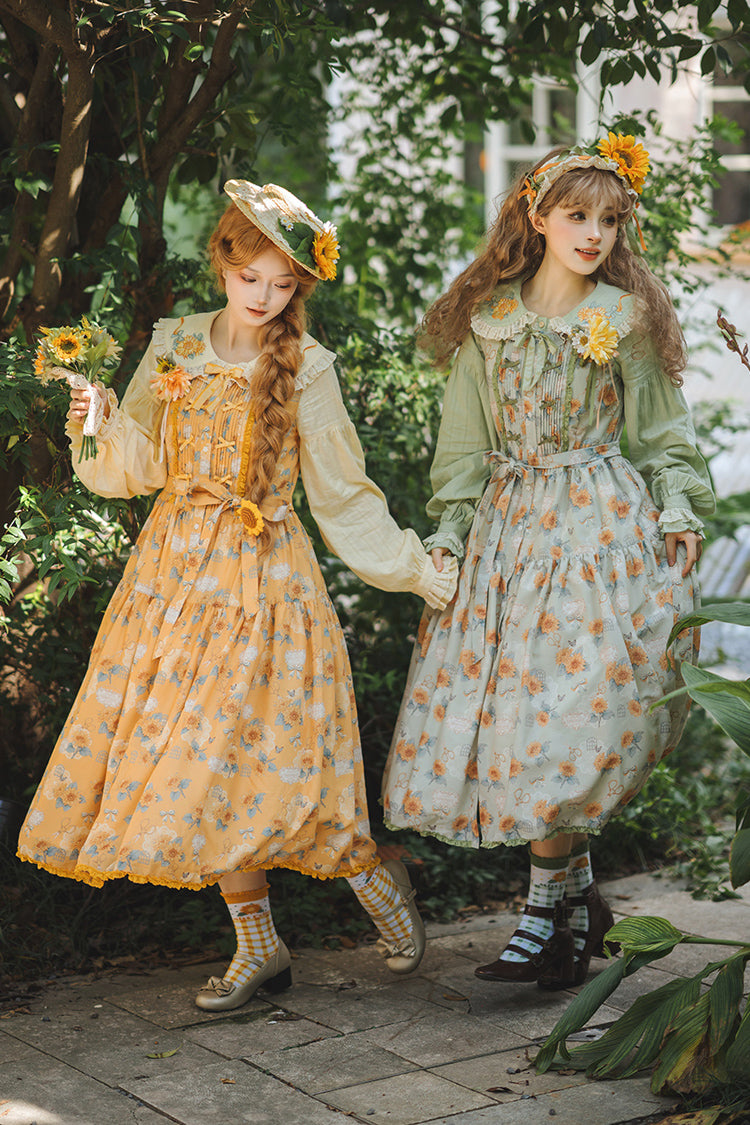Yellow Sunflower Sleeveless Floral Bow Elegant Jsk Dress