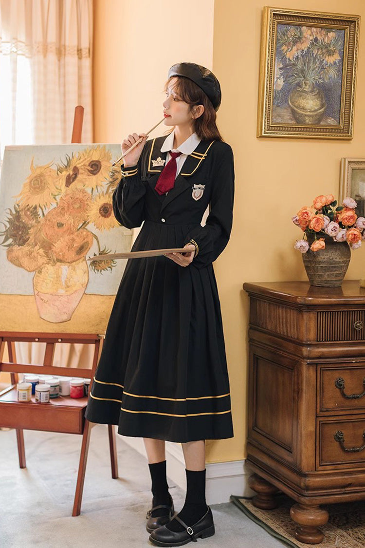 Black Embroidery Dress with Long Sleeves - College Style