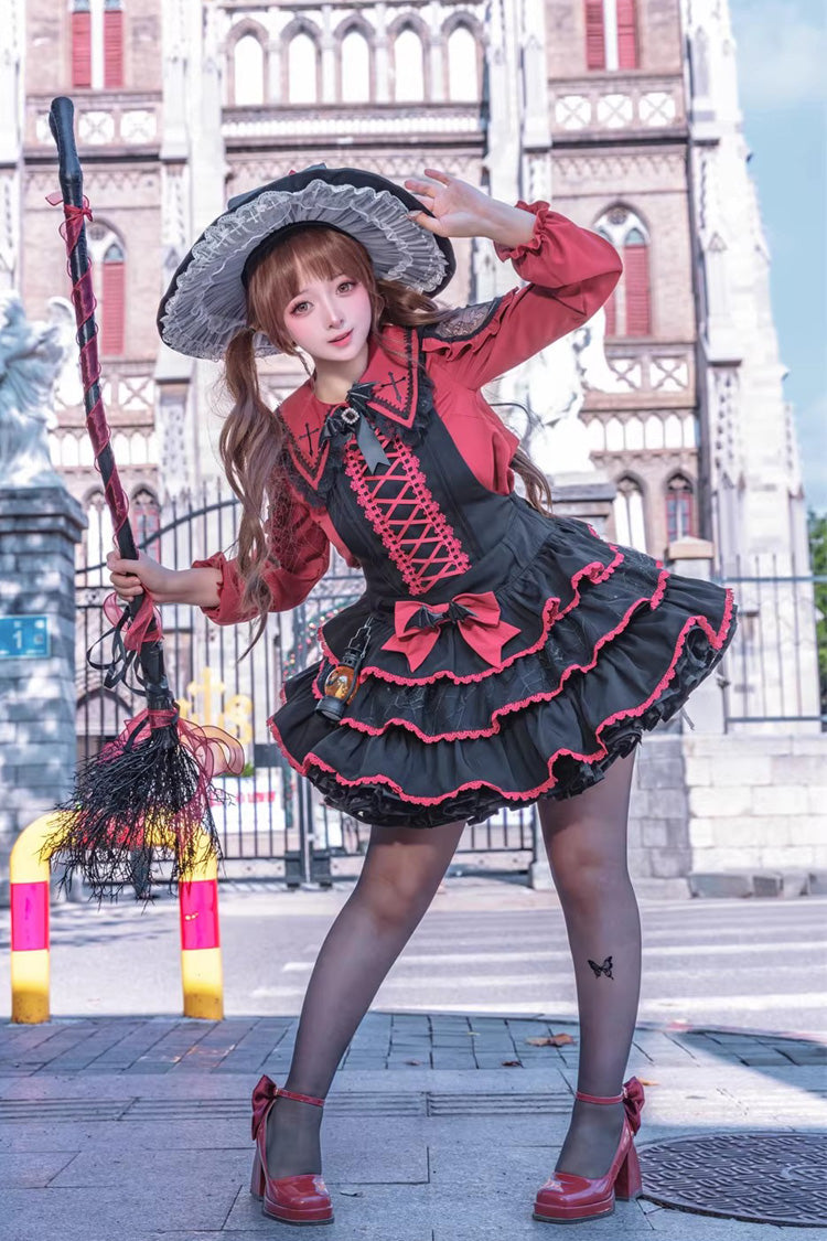 Black Red Showa Cake Sleeveless Triple-Layered Ruffled Bow Lace-Up Witch Gothic Jsk Dress