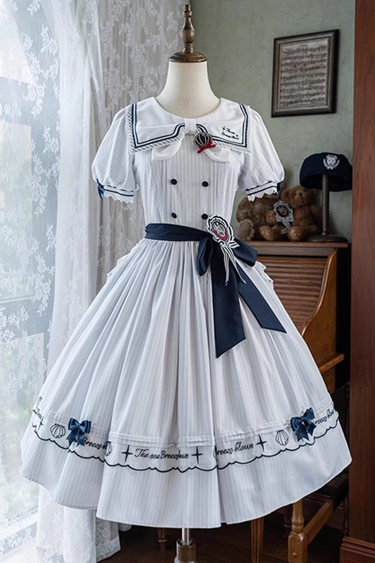 Navy Stripe Short Sleeve Ruffled Embroidery Sweet Lolita Dress