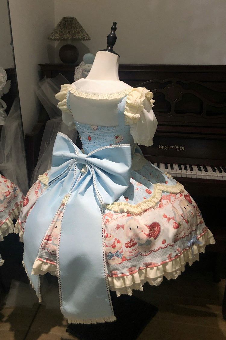 Blue [Cute Rabbit Party] Sleeveless Double-Layered Printed Ruffled Bow Sweet Lolita Jsk Dress
