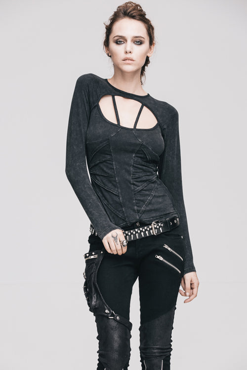 Women's Punk T-Shirt with Hollow Out Long Sleeves Straps Design