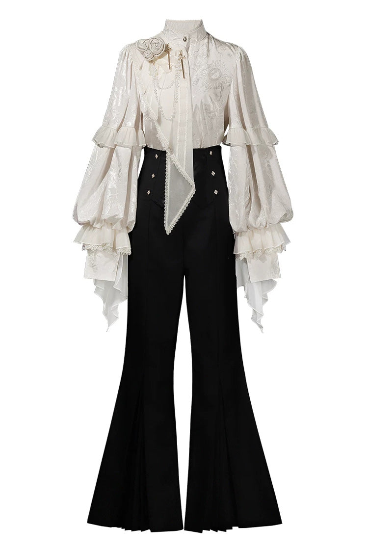 Noir Stand Collar Long Puff Sleeve Ruffled Embroidered Bow Prince Set - The Rose and the Sword