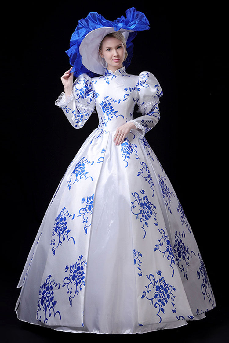Blue and White Porcelain Victorian Dress with Stand Collar - Altfashion Shop