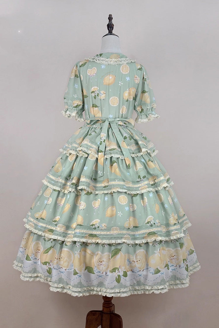 Triple-Layered Print Ruffled Bow Lace Sweet Gorgeous Lolita Dress - Green Lemon Chicken