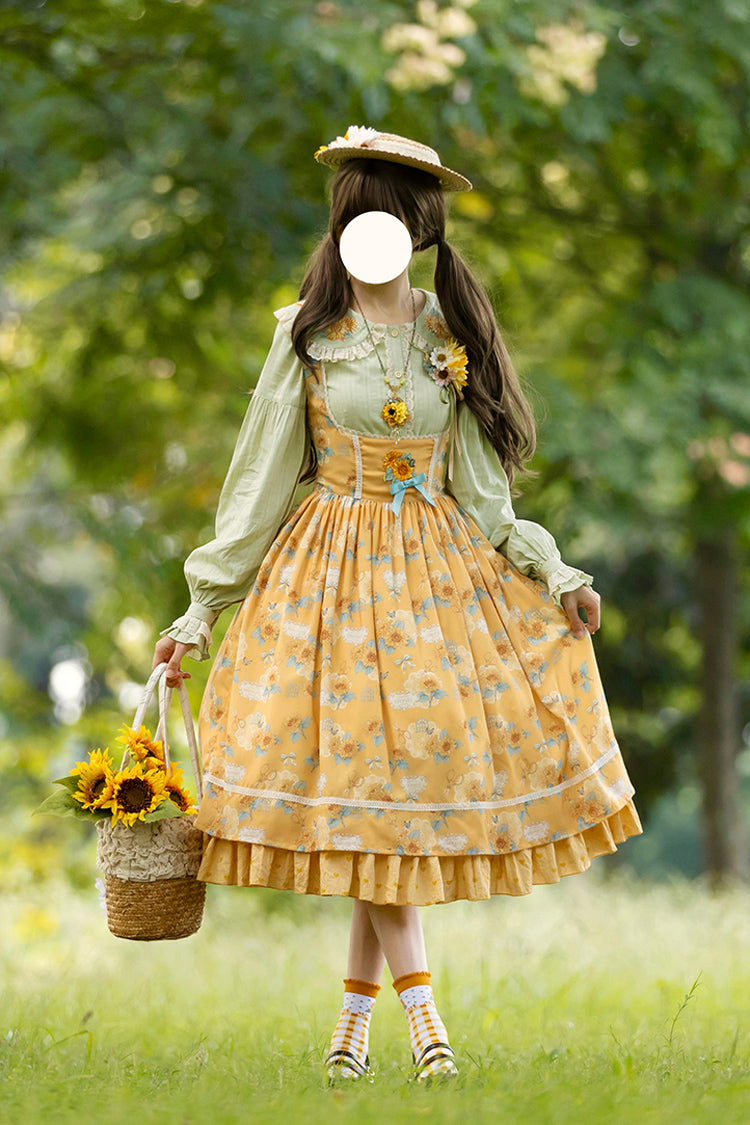 Yellow Sunflower Sleeveless Floral Bow Elegant Uplift Jsk