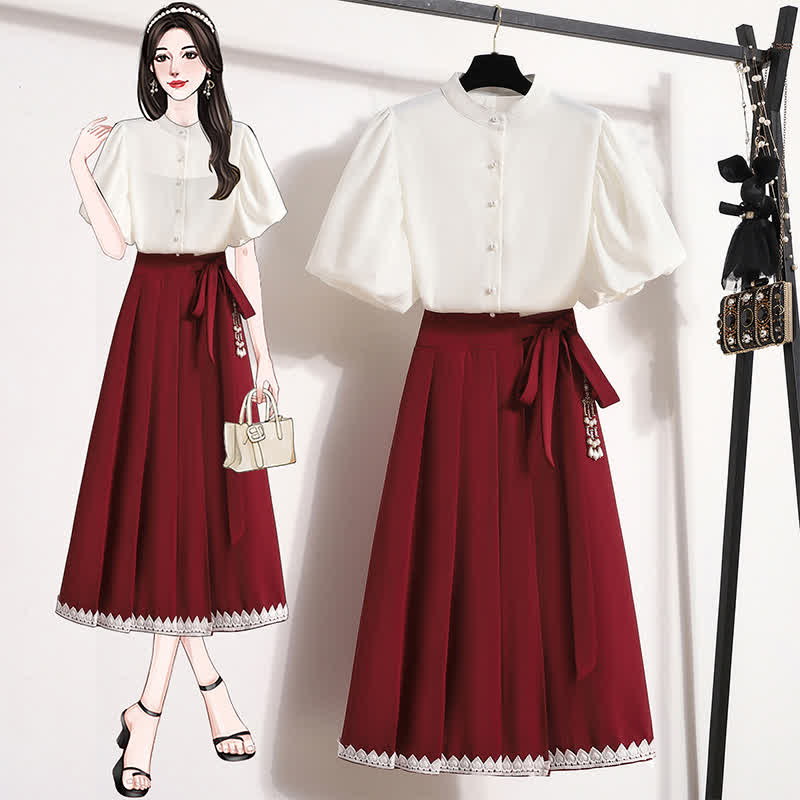 Elegant Pure Color Puff Sleeve T-Shirt Lace Up Pleated Skirt