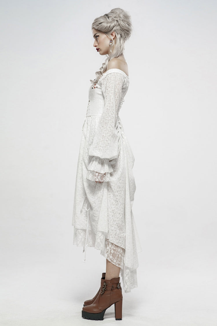 Ivory Off-Shoulder Long Puff Sleeves Ruffle Mesh Gothic Dress