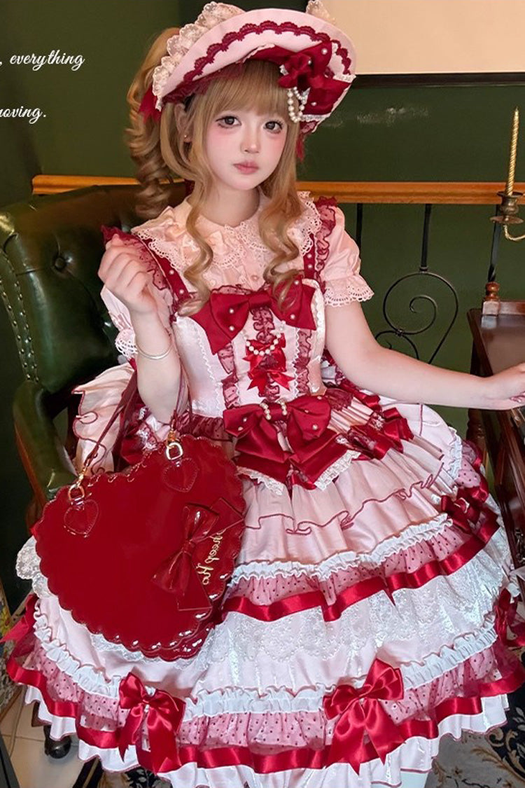 Ribbon Berries Sleeveless Multi-Layered Ruffled Bow Lace Sweet Lolita JSK Dress - Red