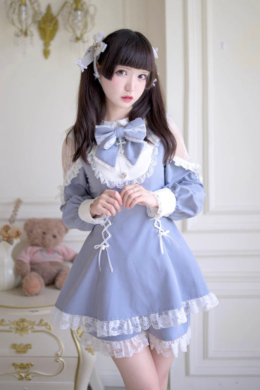 Jirai Kei Dress and Shorts Set with Hollow Bowknot, Lace-Up, Grey/Blue