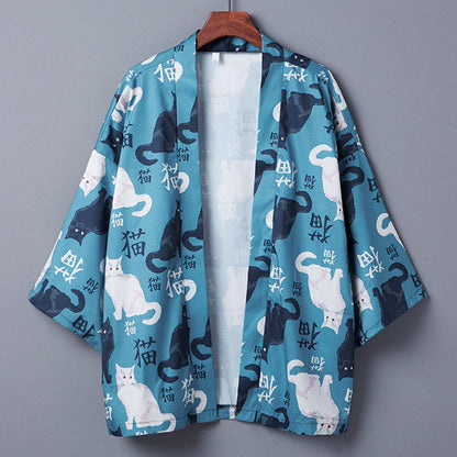 Cute Blue Cat Print Casual Kimono Outerwear