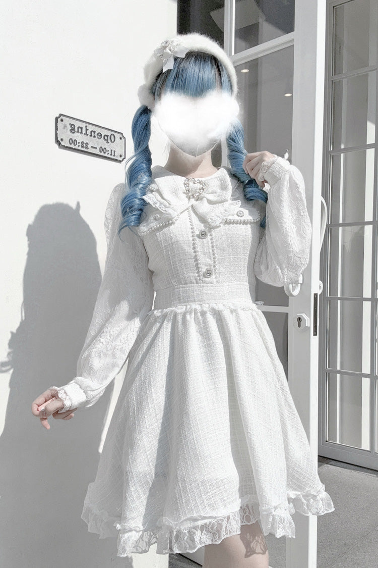 White Long Sleeve Bow Lace Pearl Sweet Jirai Kei Dress