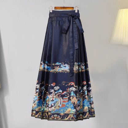 Vintage Buckle Long Sleeve Shirt Embroideried Pleated Skirt