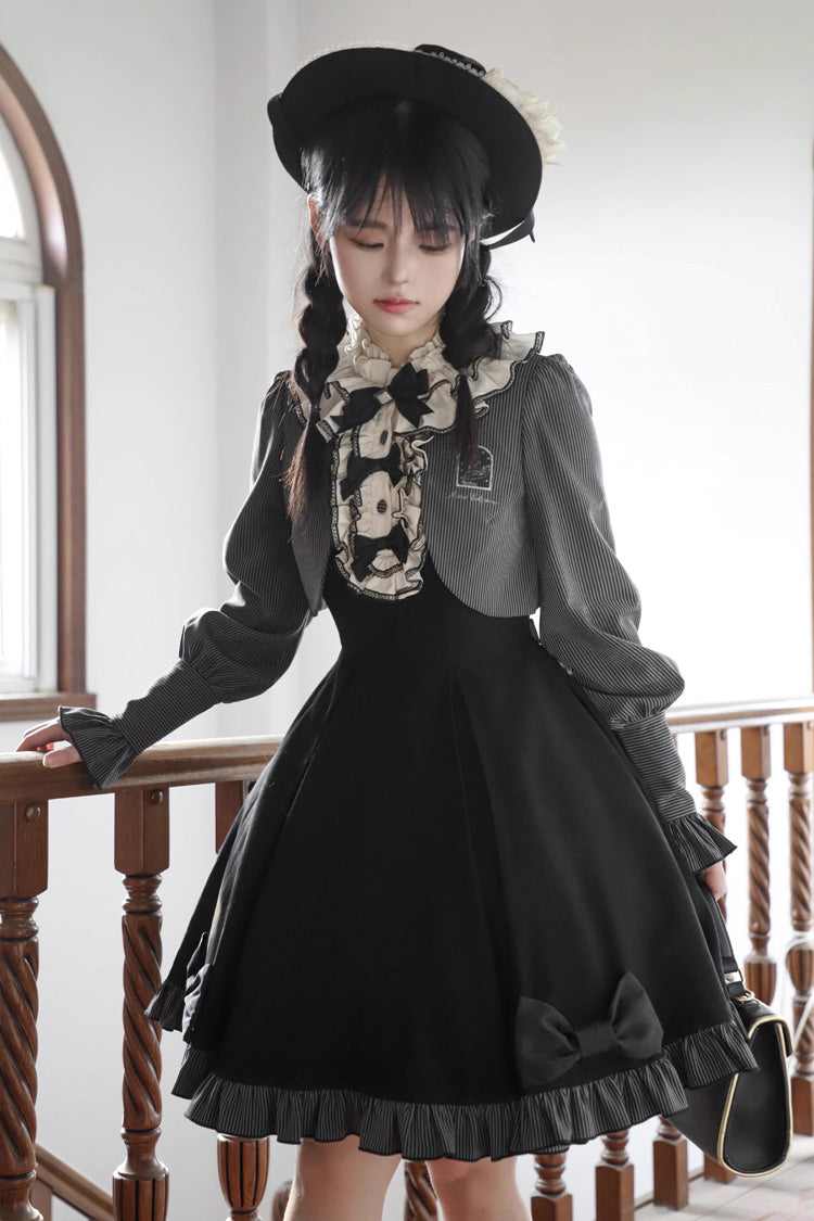 Black Sweet Elegant Lolita Long Sleeve Bowknot Stitching Two-Piece Dress