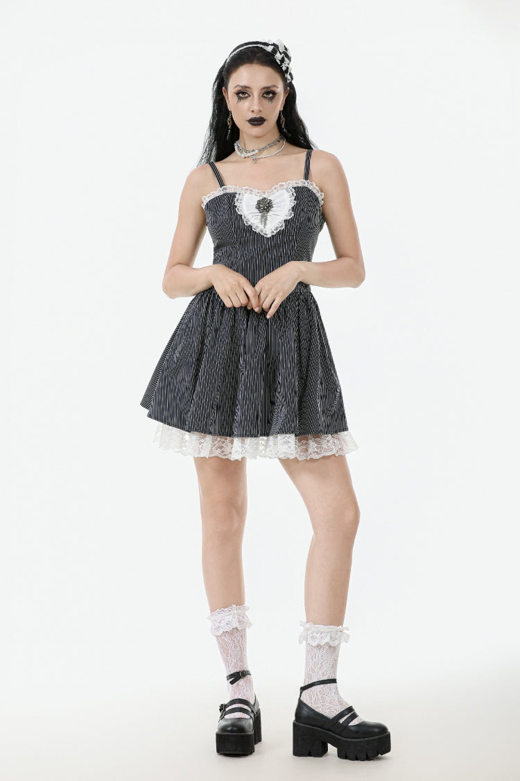 Black/White Pinstriped Sleeveless Lace Lace-Up Women's Gothic Lolita Slip Dress Graduation Dress