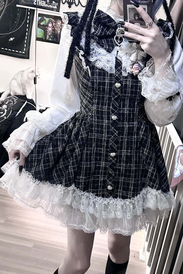 Plaid Printed Ruffled Bow Lace Sweet Jirai Kei Japanese Dress Shorts Set