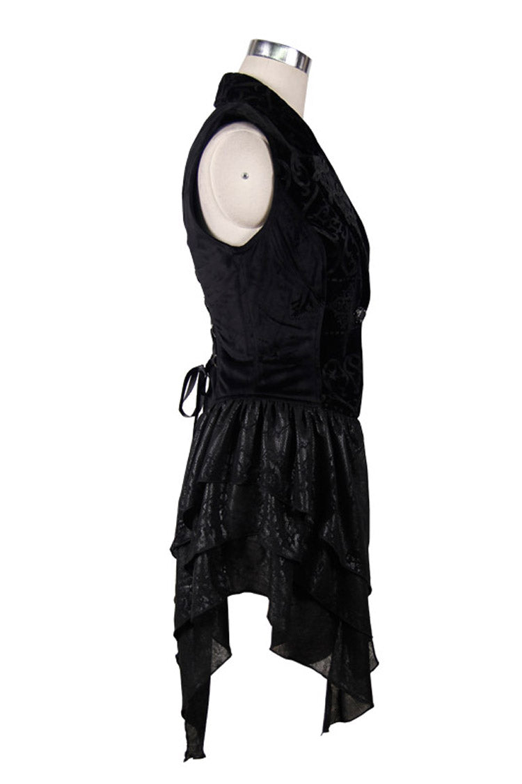 Noir Velvet Gothic Waistcoat with Frog Closures and Asymmetric Hem
