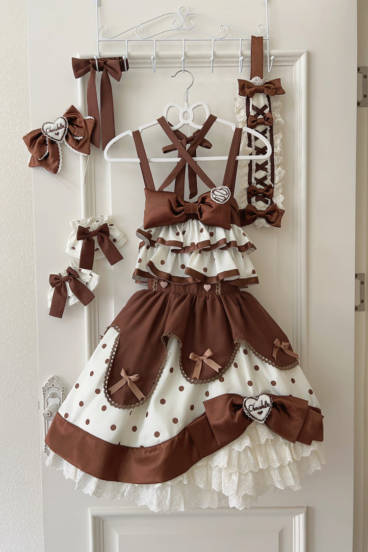 Chocolate Brown Cream Polka Dot Ruffled Bowknot Sweet Lolita JSK