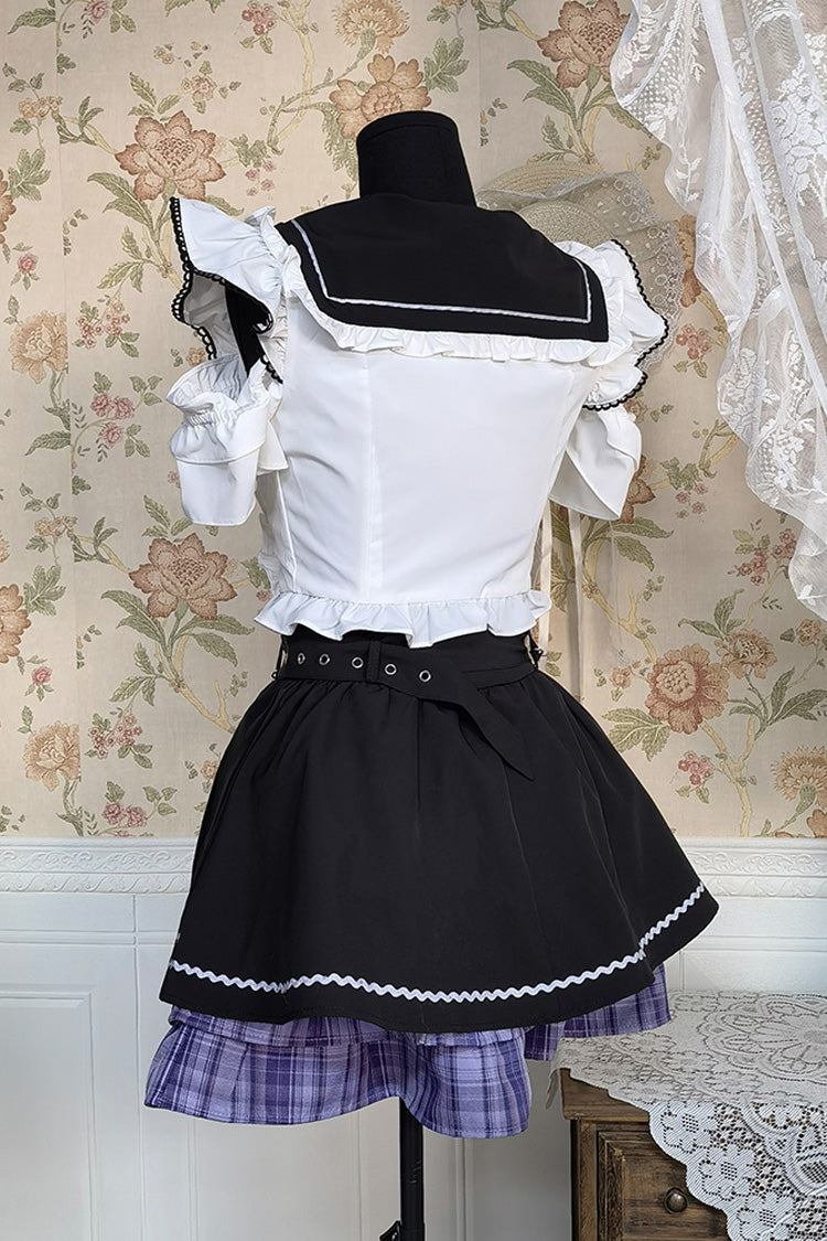Monochrome Bow-Adorned Sweet Jirai Kei Skirt Set with Short Sleeves