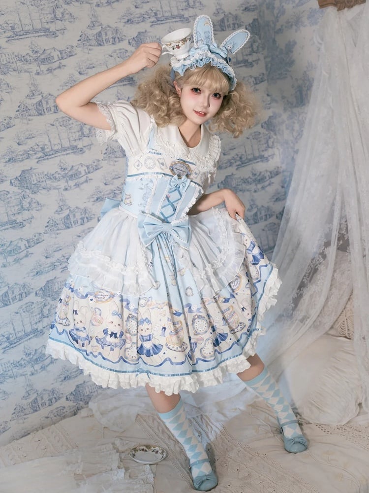 Alice Bunny Dress Lolita Print Blue and Clock Sweet