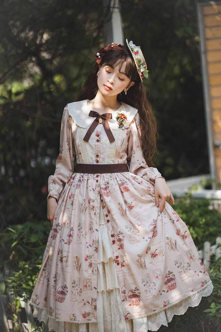 Lantern Sleeve OP Dress with Floral Print - Sweet Lolita