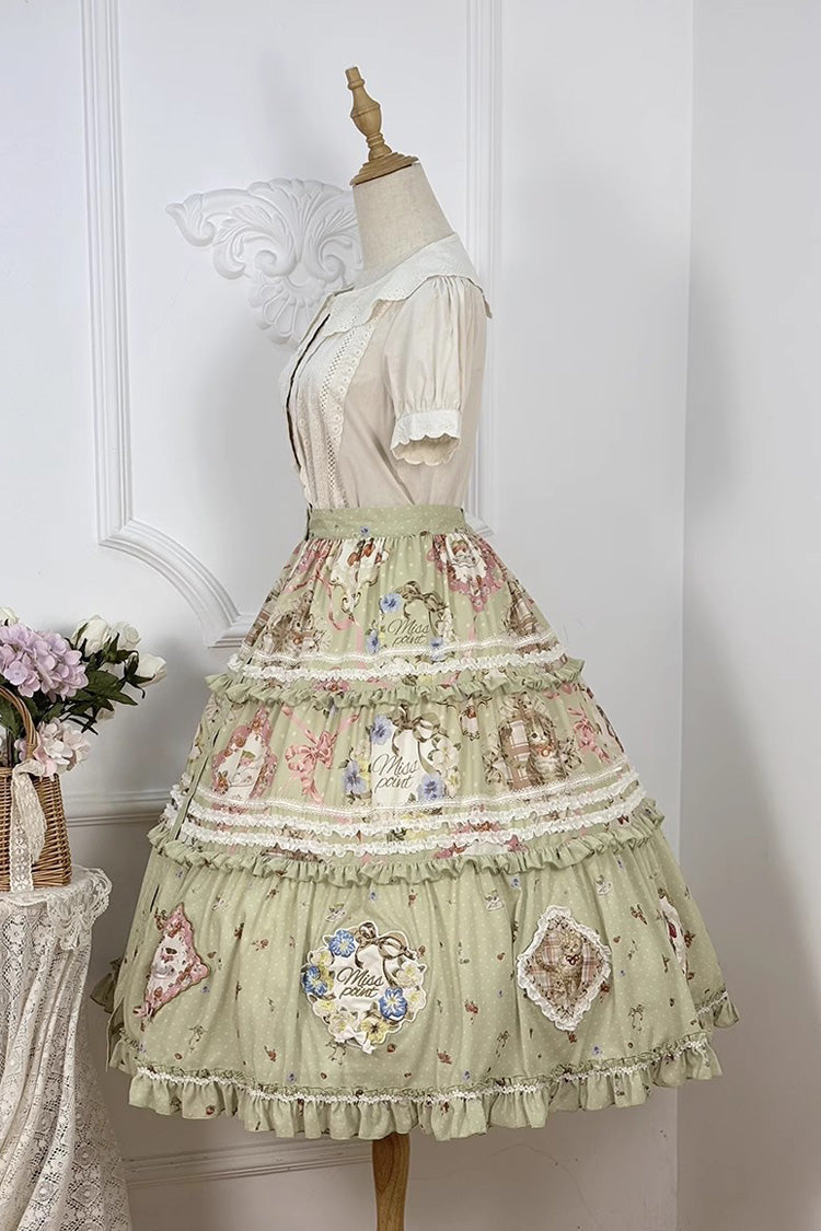 Green Cat Rose Tea Print Ruffle Sweet Lolita Skirt