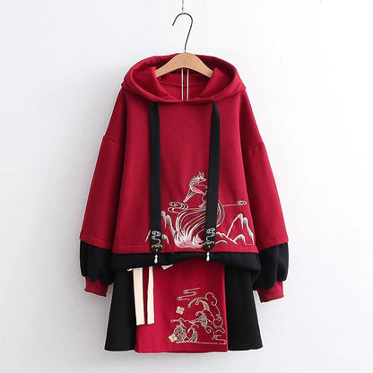 Vintage Red Embroidery Hoodie Bow Knot Skirt Set