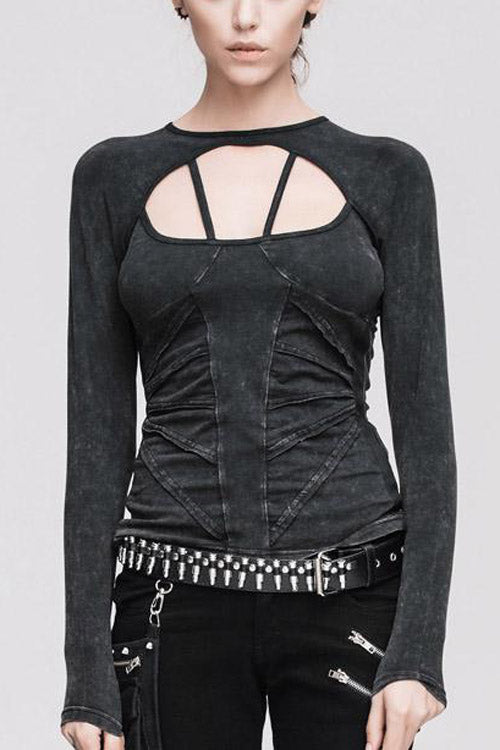 Women's Punk T-Shirt with Hollow Out Long Sleeves Straps Design