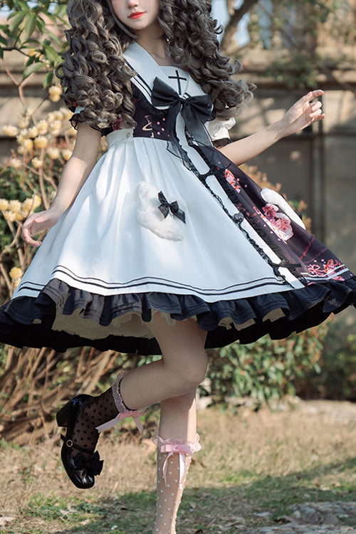 Monochrome Sailor Collar Berry Bear Print Ruffled Hem Sweet Dress
