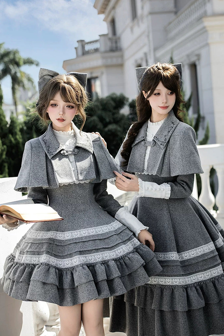Ash Stand-Collar Ruffled Bow Lolita Gown with Poetry Motif