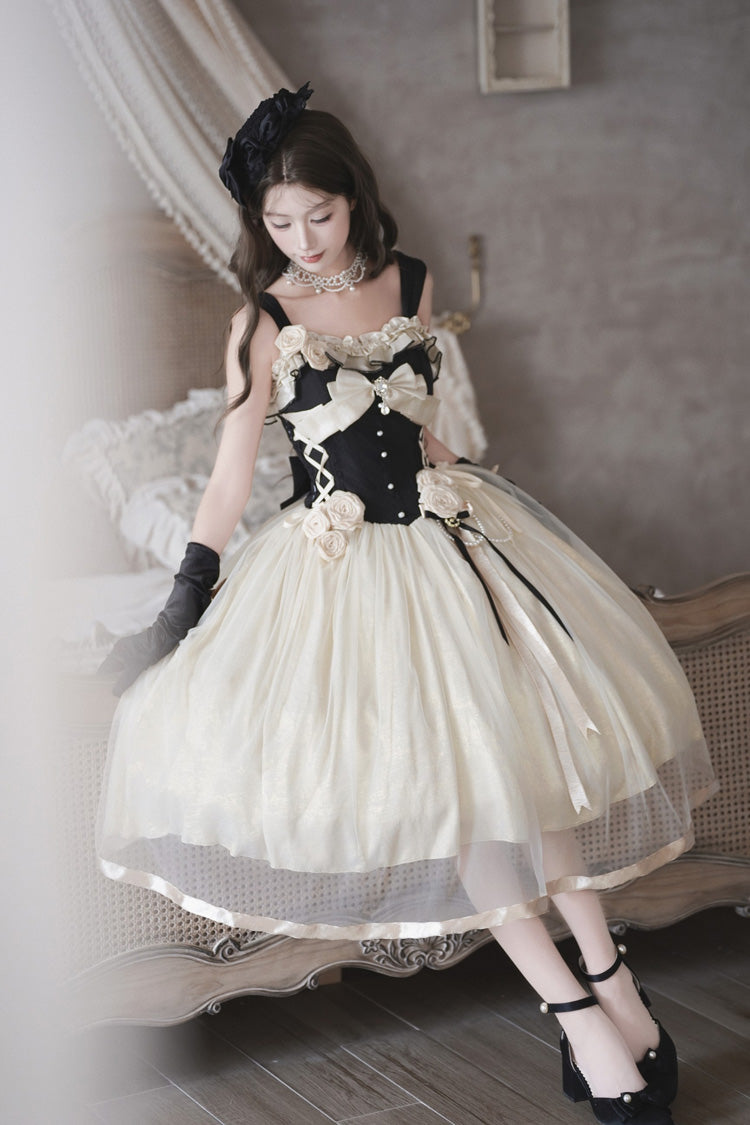 Black/White [Paris Souvenir] Sleeveless Ruffled Bow Lace-Up Fishbone Pearl-Decorated Classic Elegant Lolita Jsk Dress