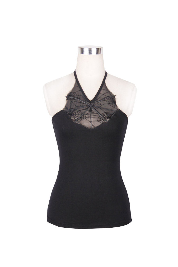 Women's Punk Vest in Black with Spider Web Flocking Print & Mesh Halter