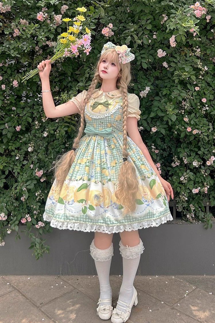 Verdant Printed Ruffle Bow Lace Sweet Jumper Dress - Lemon Chicken