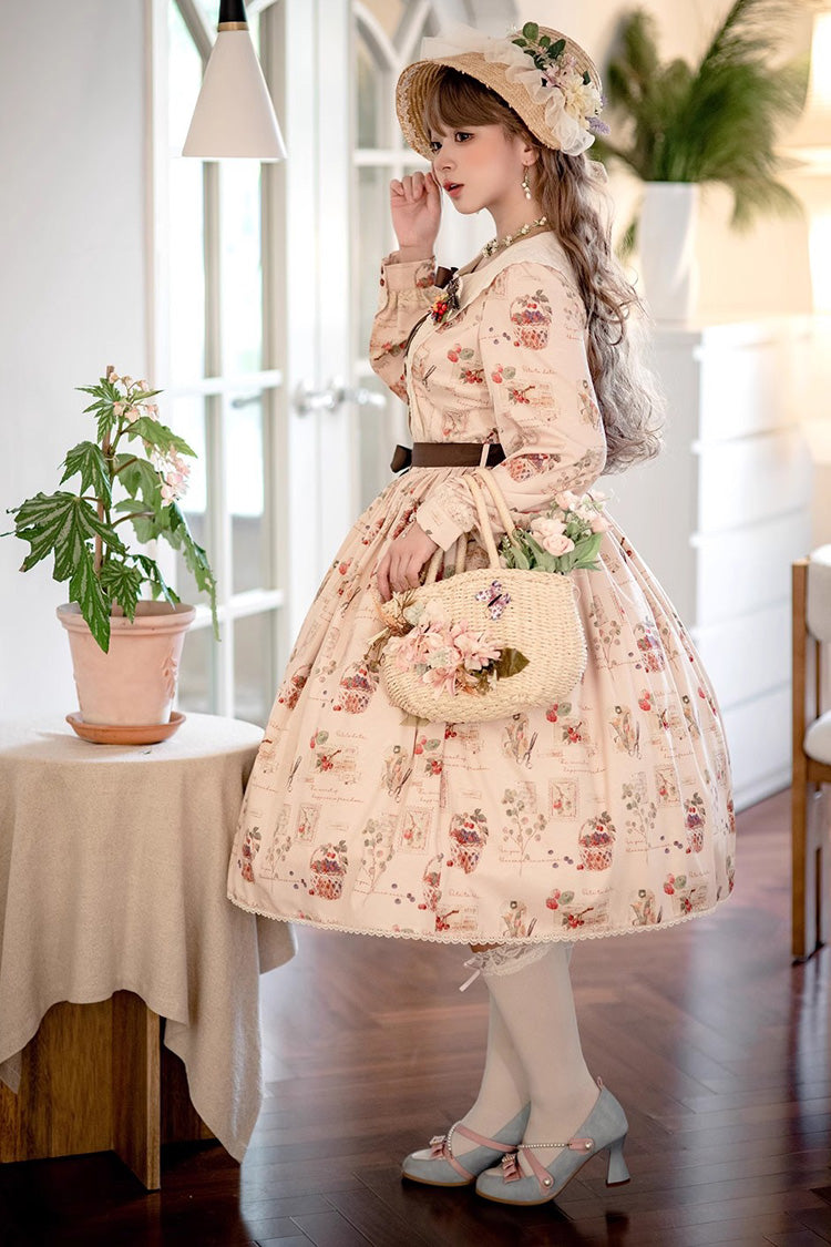 Lantern Sleeve OP Dress with Floral Print - Sweet Lolita