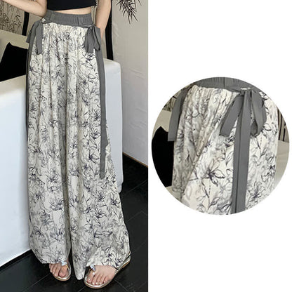 Vintage Flowers Print Chiffon Wide Leg Pants