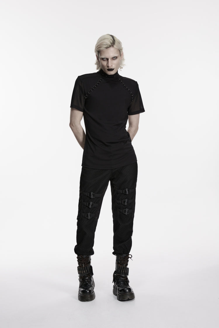 Noir Punk Pants with Buckle Straps and Mesh Detailing