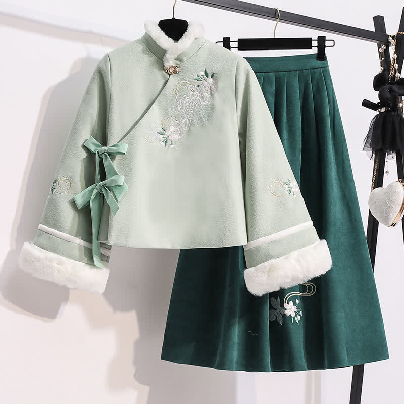 Green Floral Bow Knot Coat Pleated Skirt Vintage Set