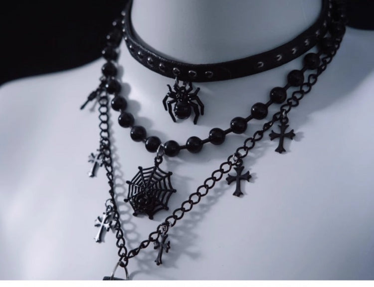 Spider Web Cross Pendant Black Triple Layered Necklace