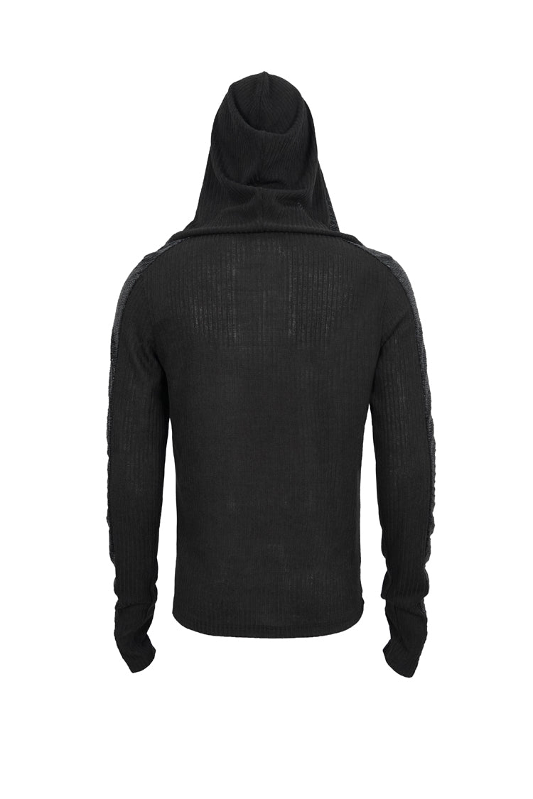 Dark V-Neck Knit Hooded Punk Tee with Tether Design
