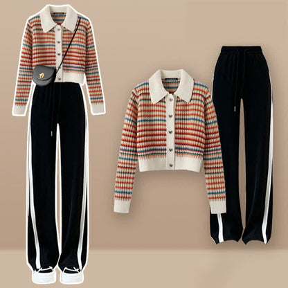 Colorful Stripe Rainbow Cardigan Casual Pants