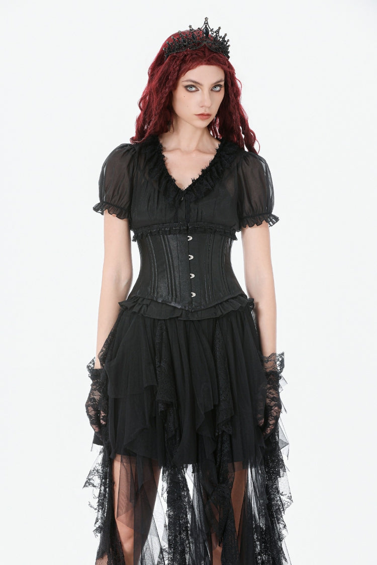 Matte Black Lace-Up Underbust Corset with Sheer Panels - Punk Style