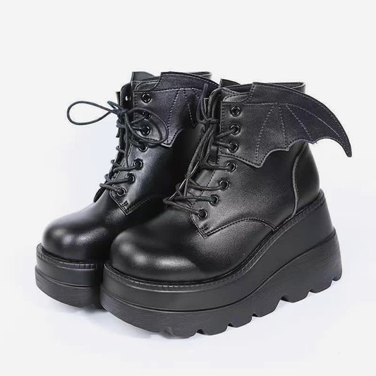 Black Punk Goth Wings Lace Up High Wedge Boots